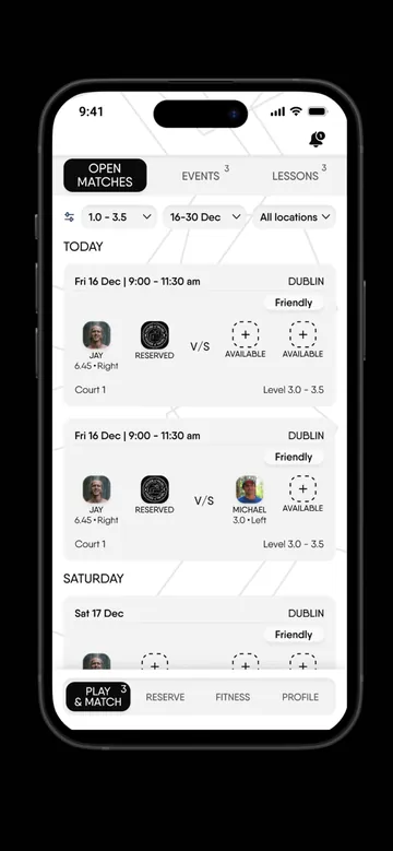 Open matches screen in the House of Padel app
