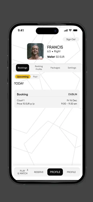 Player profile screen in the House of Padel app