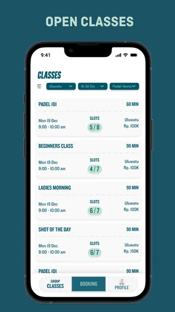 Open classes screen in the Island Sports Club app
