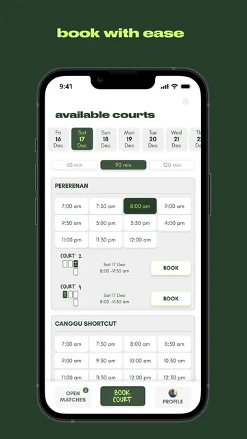 Court booking screen in the Jungle Padel app