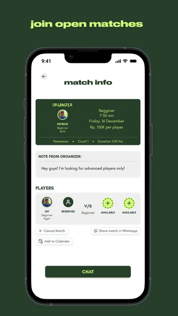 Match details screen in the Jungle Padel app