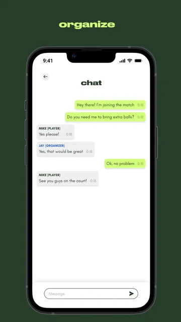 Match chat screen in the Jungle Padel app