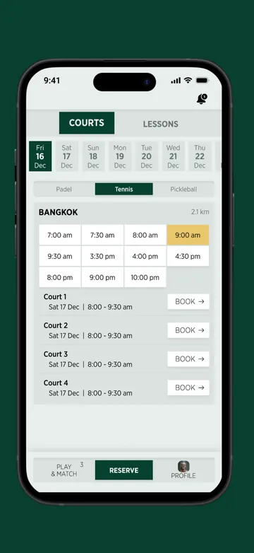 Court booking screen in the Kross Padel app