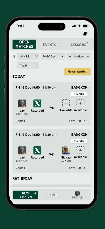 Open matches screen in the Kross Padel app