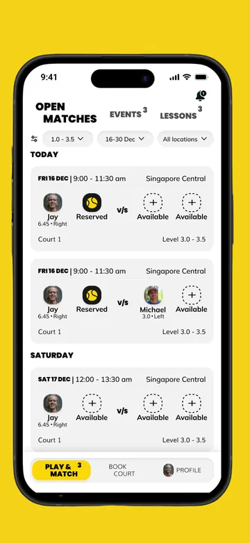 Open matches screen in the Padelarena app