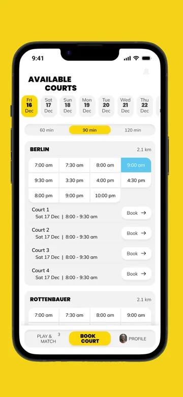 Court booking screen in the Padelarena app