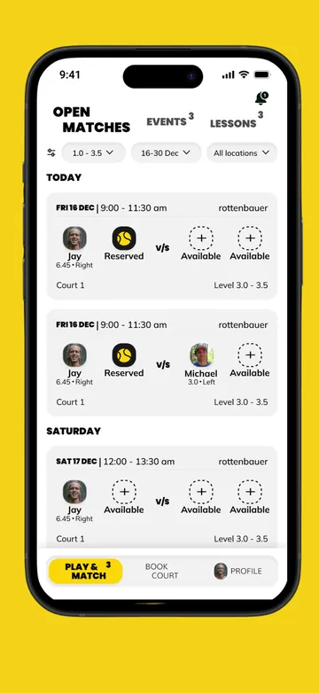 Open matches by date screen in the Padelarena app