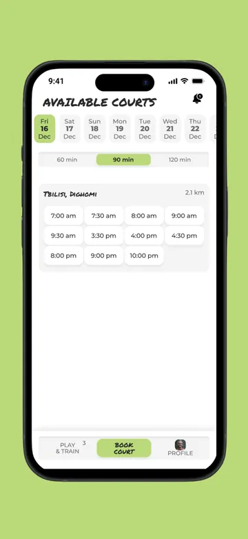 Court booking screen in the Padelbade app