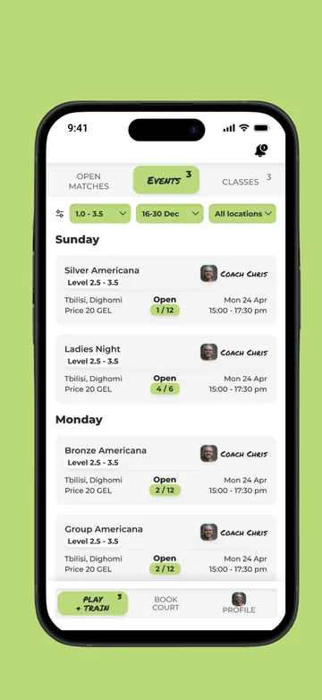 Events list screen in the Padelbade app