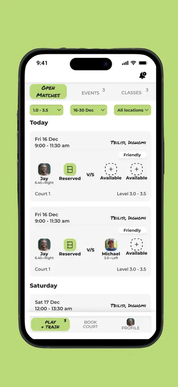 Open matches screen in the Padelbade app