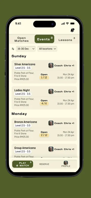 Events screen in the Circadian Club app