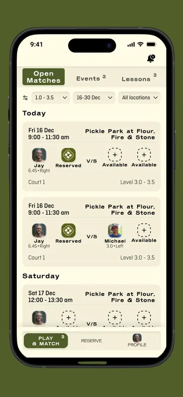 Open matches screen in the Circadian Club app