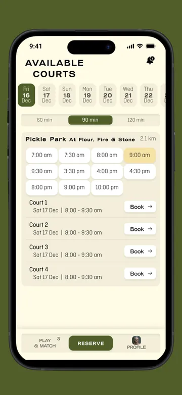 Court booking screen in the Circadian Club app