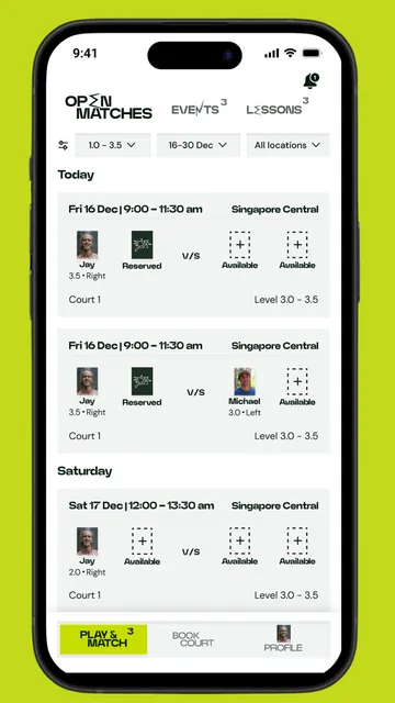 Open matches screen in the Prime Padel app