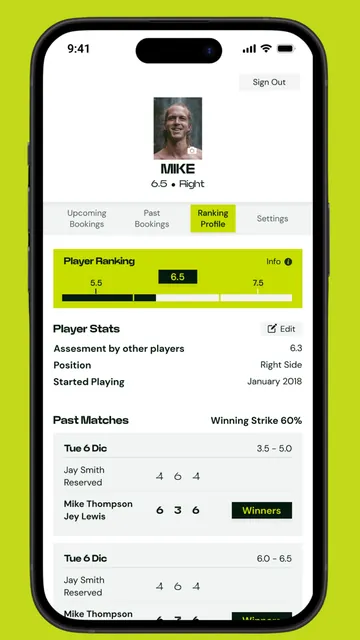 Player ranking profile screen in the Prime Padel app