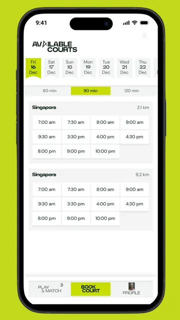Court booking screen in the Prime Padel app