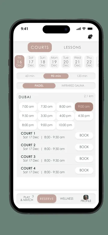 Court booking screen in the The Lob app