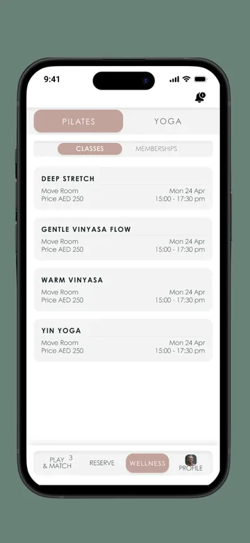Pilates and yoga class schedule screen in the The Lob app