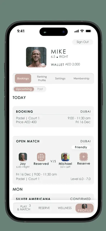 Player profile and bookings screen in the The Lob app