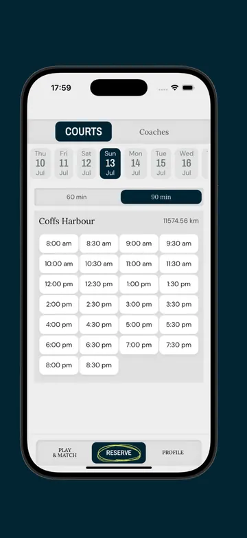 Court booking screen in the Town Padel app