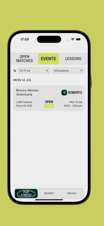 Events screen in the Town Padel app