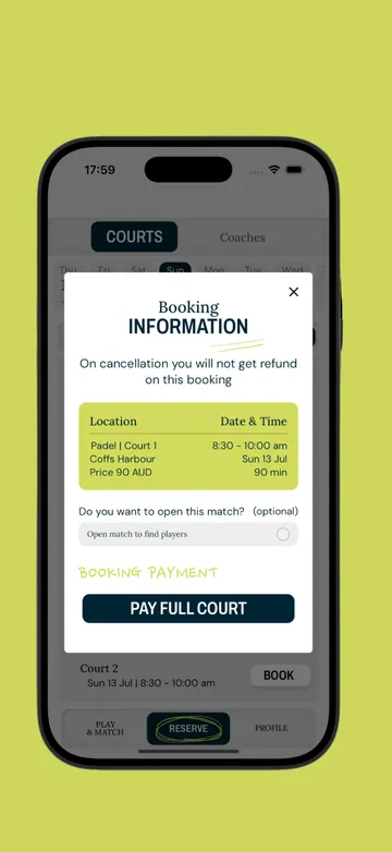 Booking confirmation screen in the Town Padel app